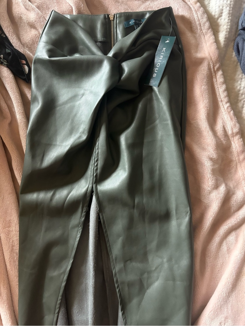 Kurious Olive Green Faux Leather Midi Skirt